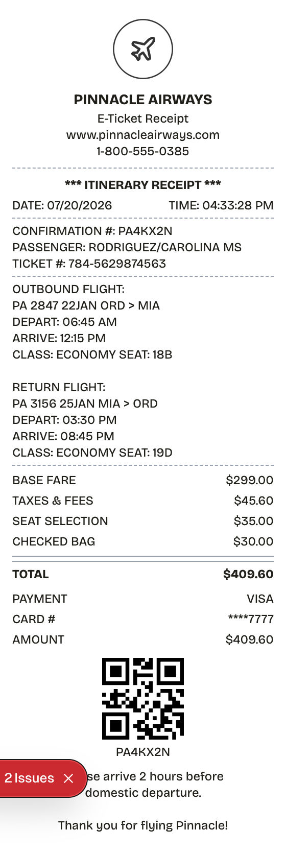Editable airline receipt preview built with ReceiptPronto — line items, totals, and payment section