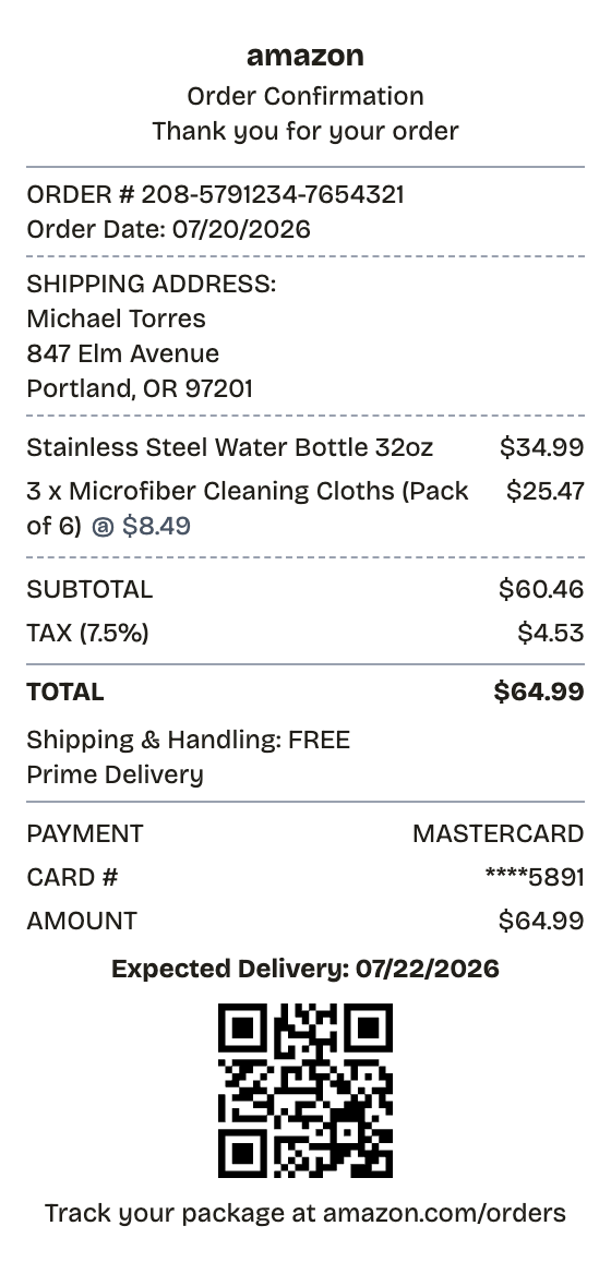 Editable amazon receipt preview built with ReceiptPronto — line items, totals, and payment section
