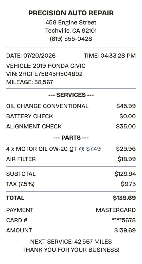 Editable auto service receipt preview built with ReceiptPronto — line items, totals, and payment section