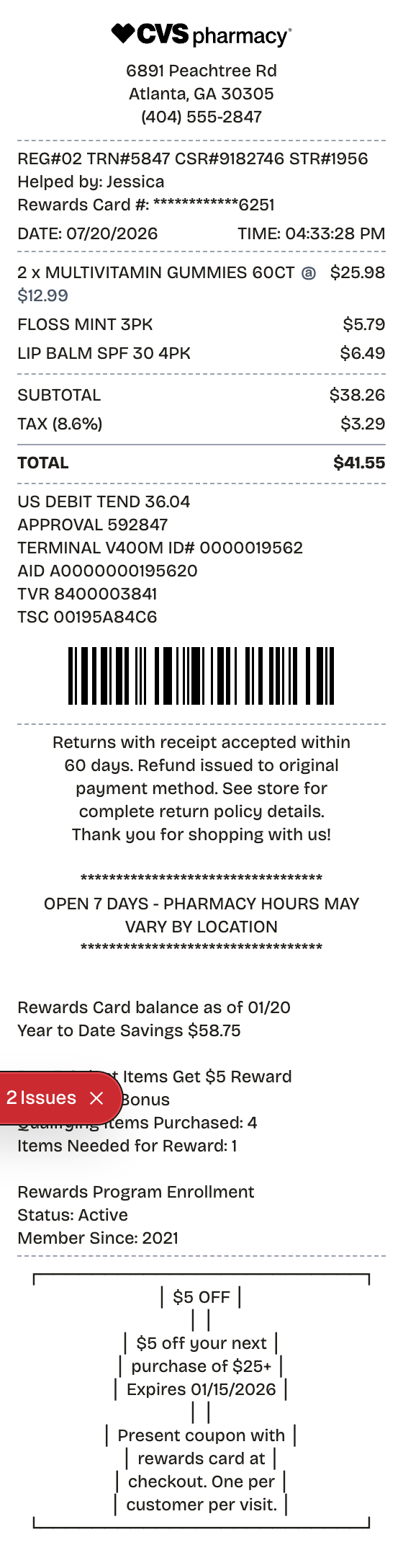 Editable cvs receipt preview built with ReceiptPronto — line items, totals, and payment section