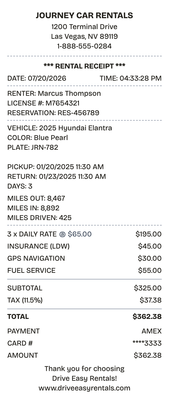 Editable car rental receipt preview built with ReceiptPronto — line items, totals, and payment section
