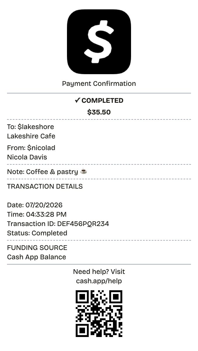 Editable cash app receipt preview built with ReceiptPronto — line items, totals, and payment section