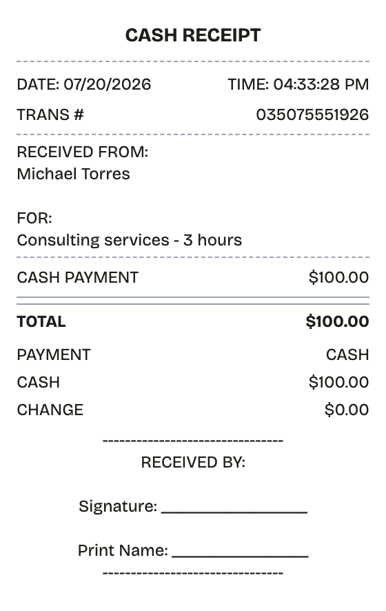 Editable cash receipt preview built with ReceiptPronto — line items, totals, and payment section