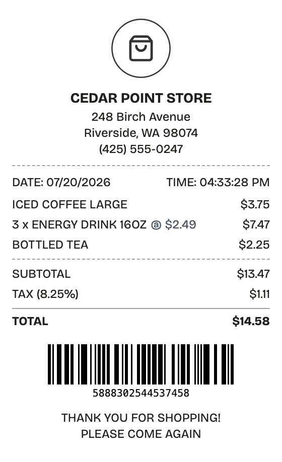 Editable convenience store receipt preview built with ReceiptPronto — line items, totals, and payment section