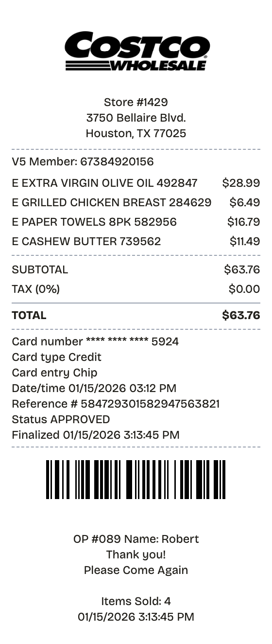 Editable costco receipt preview built with ReceiptPronto — line items, totals, and payment section