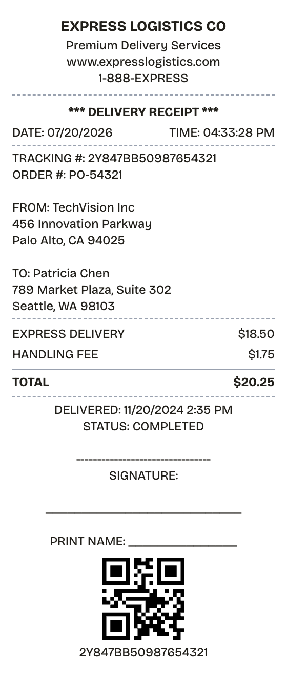 Editable delivery receipt preview built with ReceiptPronto — line items, totals, and payment section