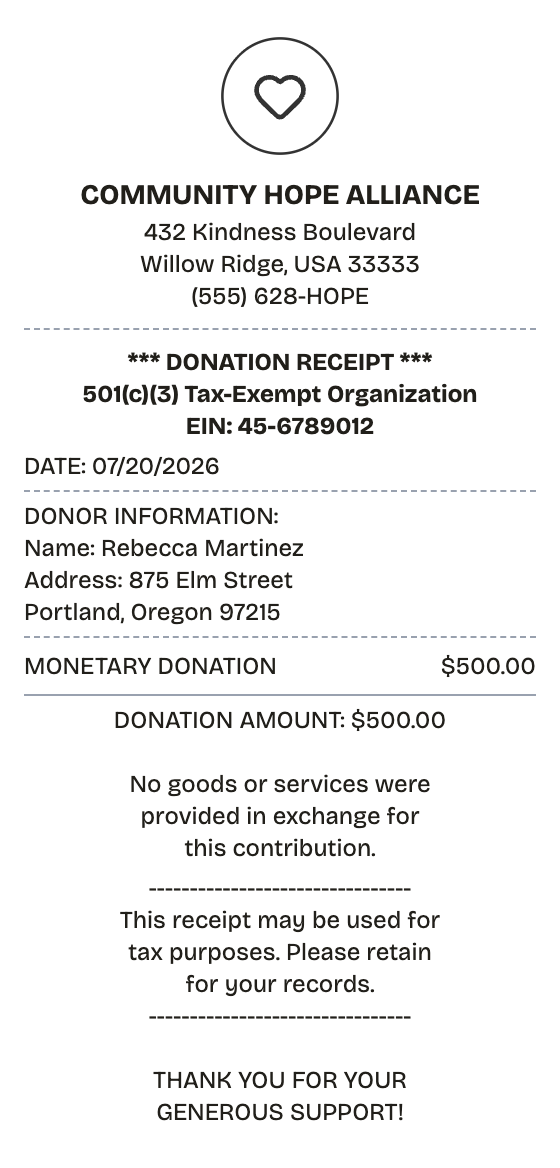 Editable donation receipt preview built with ReceiptPronto — line items, totals, and payment section