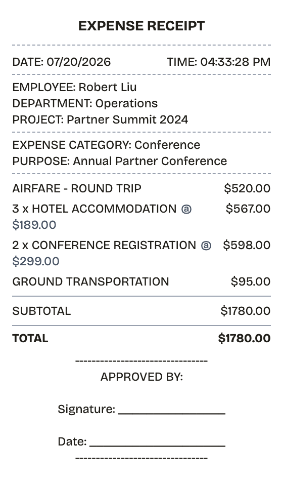 Editable expense receipt preview built with ReceiptPronto — line items, totals, and payment section