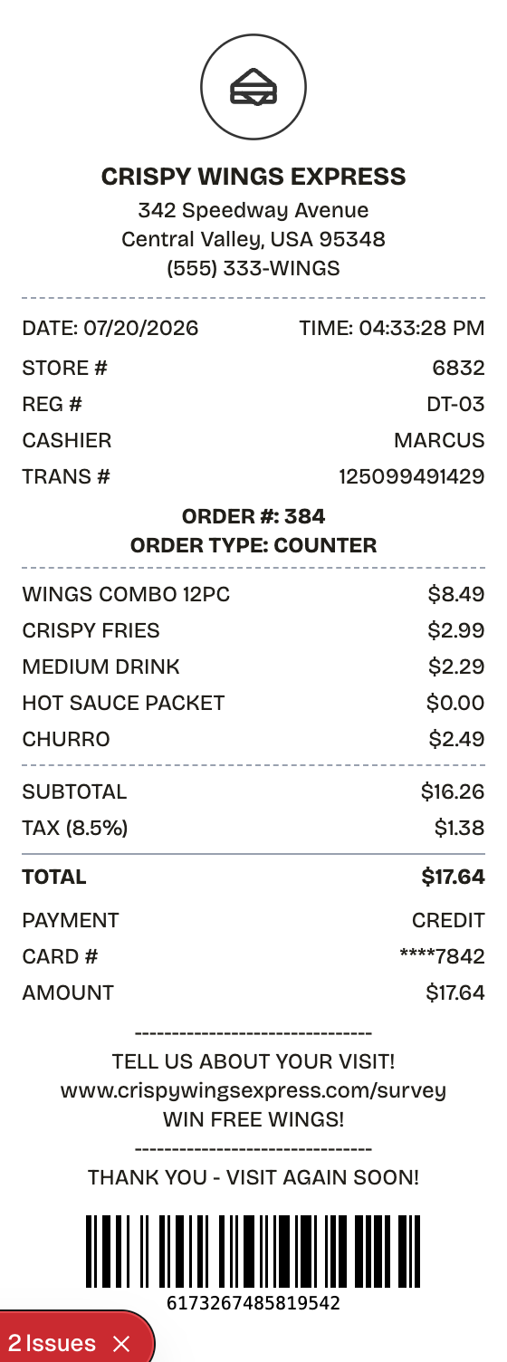 Editable fast food receipt preview built with ReceiptPronto — line items, totals, and payment section