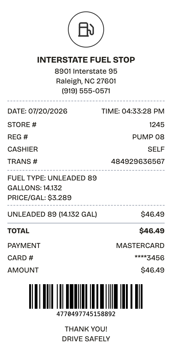 Editable gas station receipt preview built with ReceiptPronto — line items, totals, and payment section
