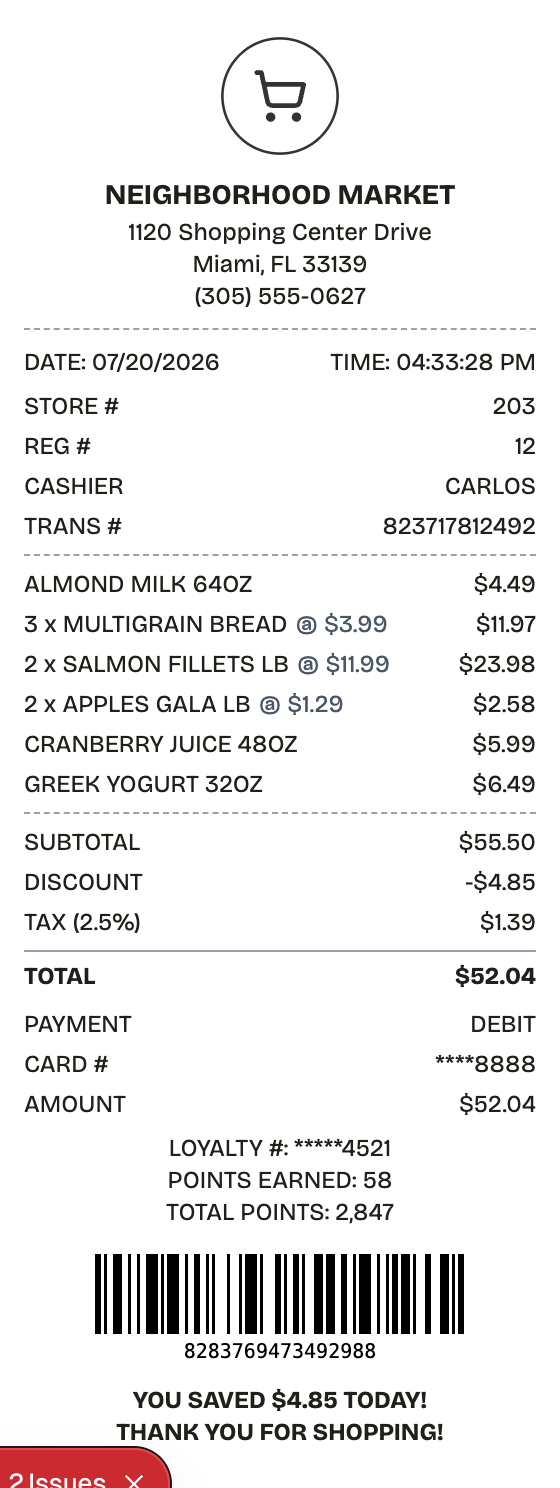 Editable grocery receipt preview built with ReceiptPronto — line items, totals, and payment section