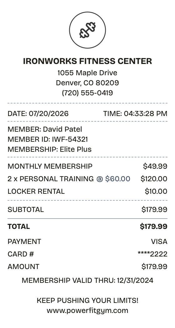 Editable gym receipt preview built with ReceiptPronto — line items, totals, and payment section