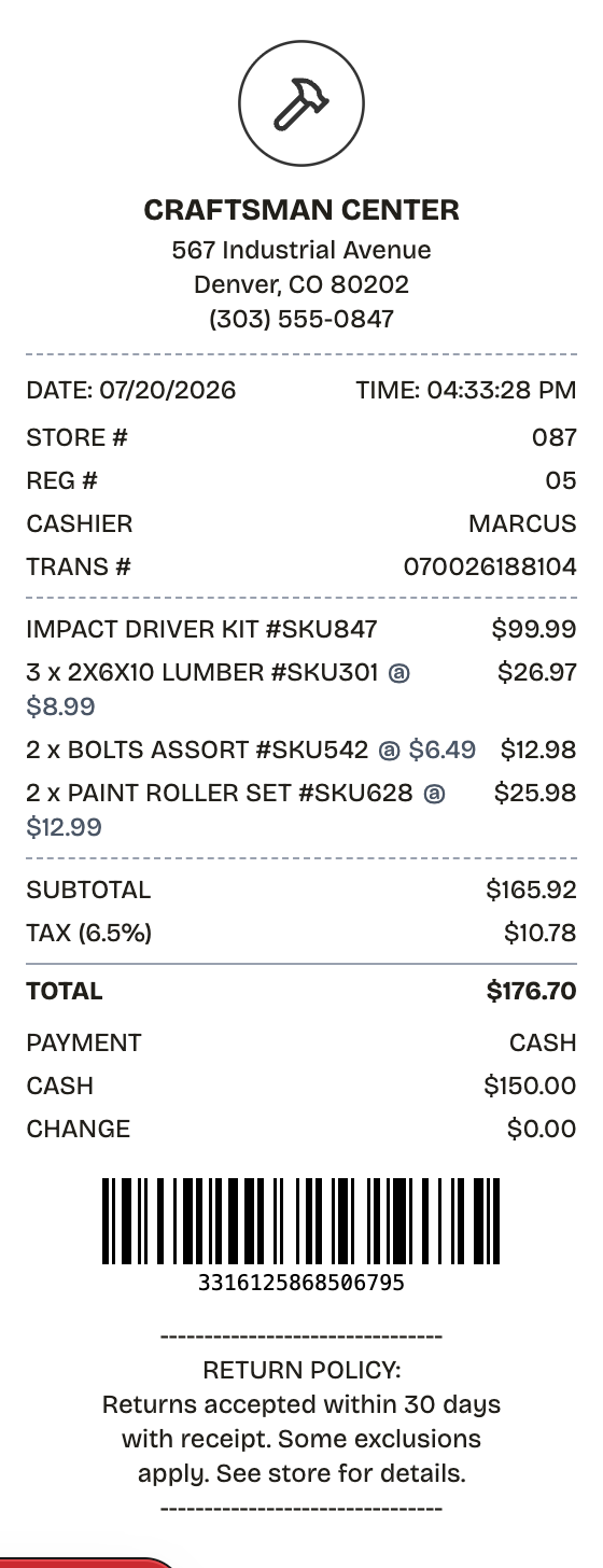 Editable hardware store receipt preview built with ReceiptPronto — line items, totals, and payment section