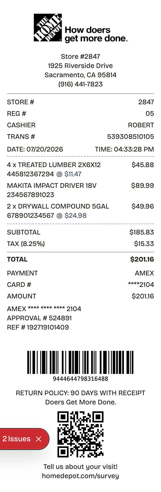 Editable home depot receipt preview built with ReceiptPronto — line items, totals, and payment section
