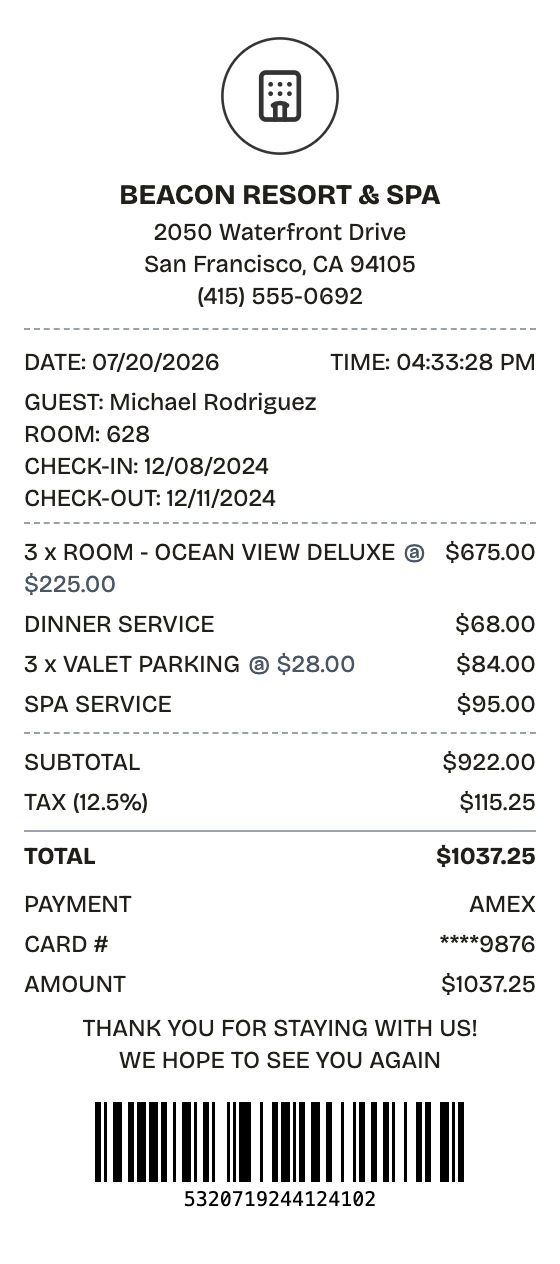 Editable hotel receipt preview built with ReceiptPronto — line items, totals, and payment section