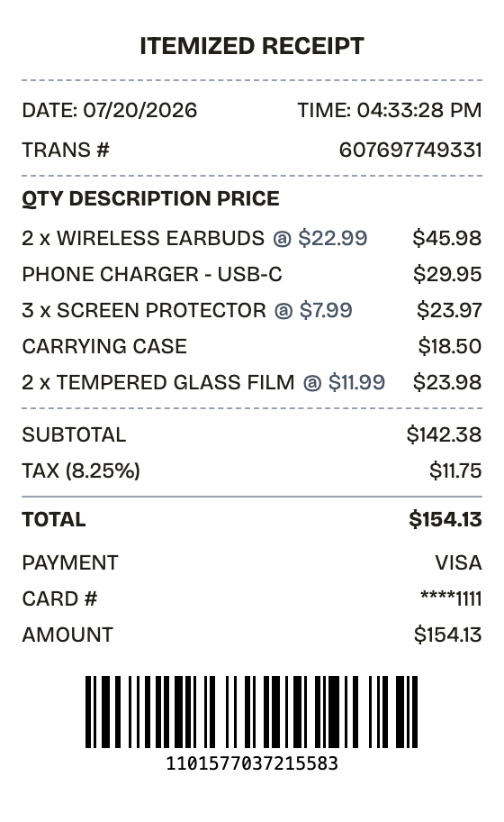 Editable itemized receipt preview built with ReceiptPronto — line items, totals, and payment section