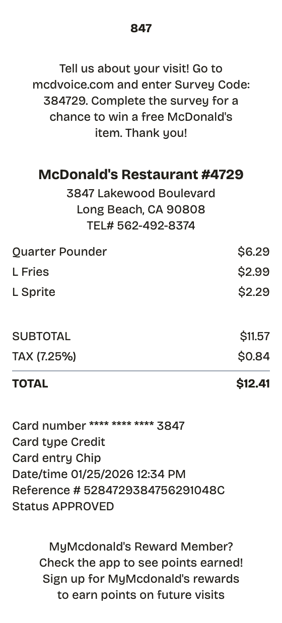 Editable mcdonald's receipt preview built with ReceiptPronto — line items, totals, and payment section