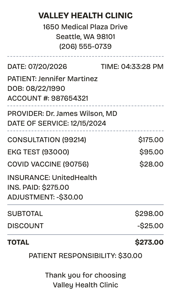 Editable medical receipt preview built with ReceiptPronto — line items, totals, and payment section