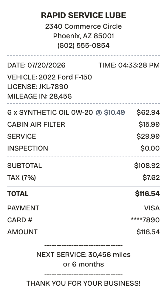 Editable oil change receipt preview built with ReceiptPronto — line items, totals, and payment section