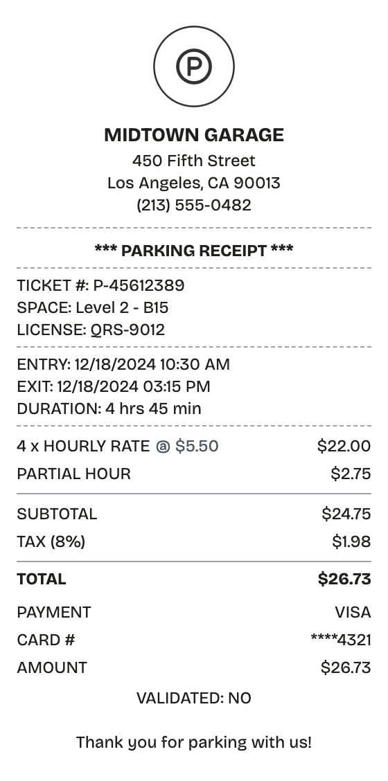 Editable parking receipt preview built with ReceiptPronto — line items, totals, and payment section