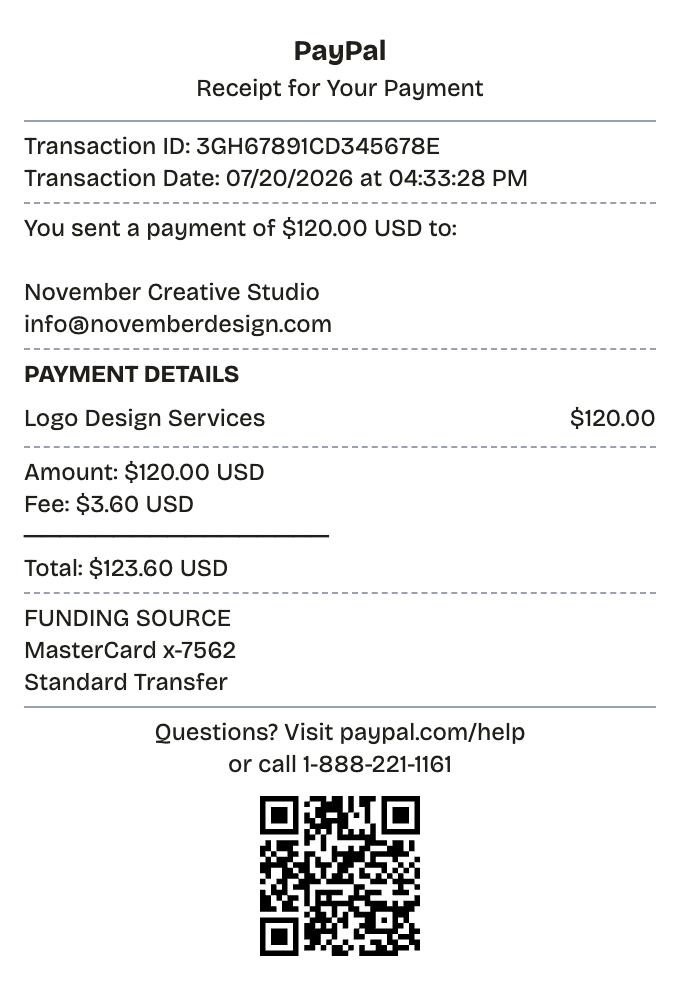 Editable paypal receipt preview built with ReceiptPronto — line items, totals, and payment section