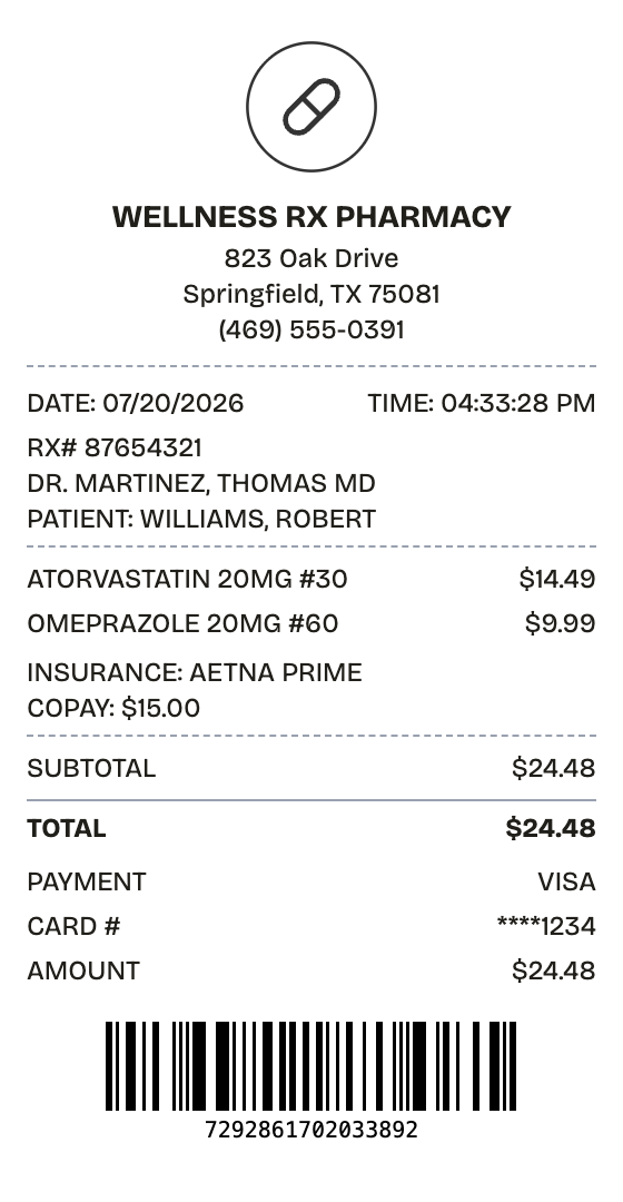 Editable pharmacy receipt preview built with ReceiptPronto — line items, totals, and payment section
