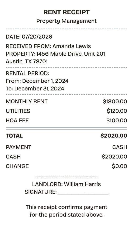 Editable rent receipt preview built with ReceiptPronto — line items, totals, and payment section