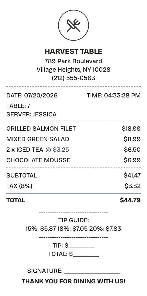 Editable restaurant receipt preview built with ReceiptPronto — line items, totals, and payment section
