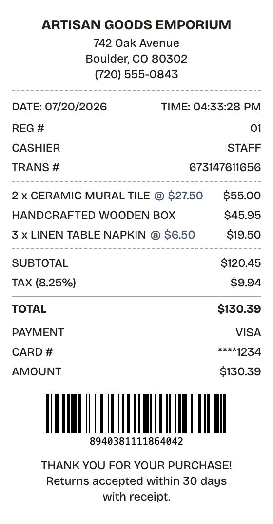 Editable sales receipt preview built with ReceiptPronto — line items, totals, and payment section