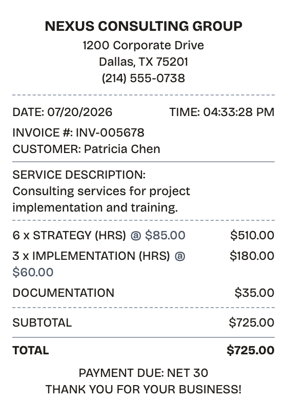 Editable service receipt preview built with ReceiptPronto — line items, totals, and payment section