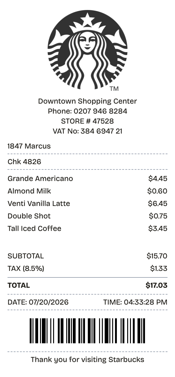 Editable starbucks receipt preview built with ReceiptPronto — line items, totals, and payment section