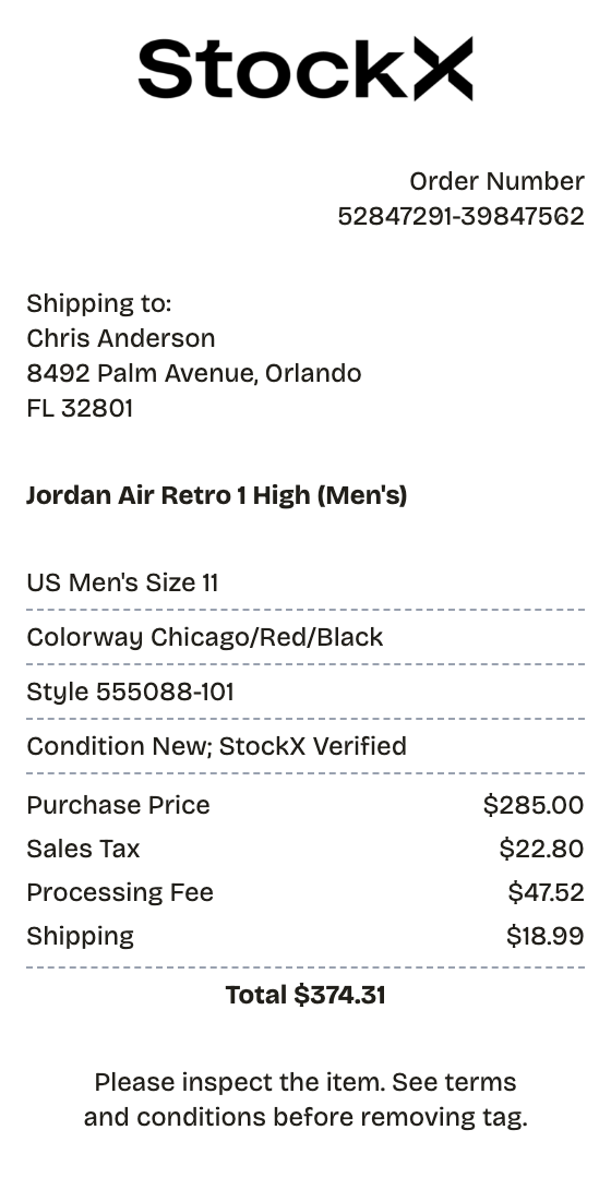 Editable stockx receipt preview built with ReceiptPronto — line items, totals, and payment section