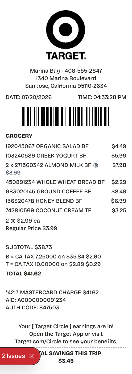 Editable target receipt preview built with ReceiptPronto — line items, totals, and payment section