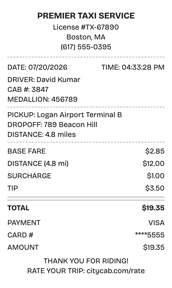 Editable taxi receipt preview built with ReceiptPronto — line items, totals, and payment section