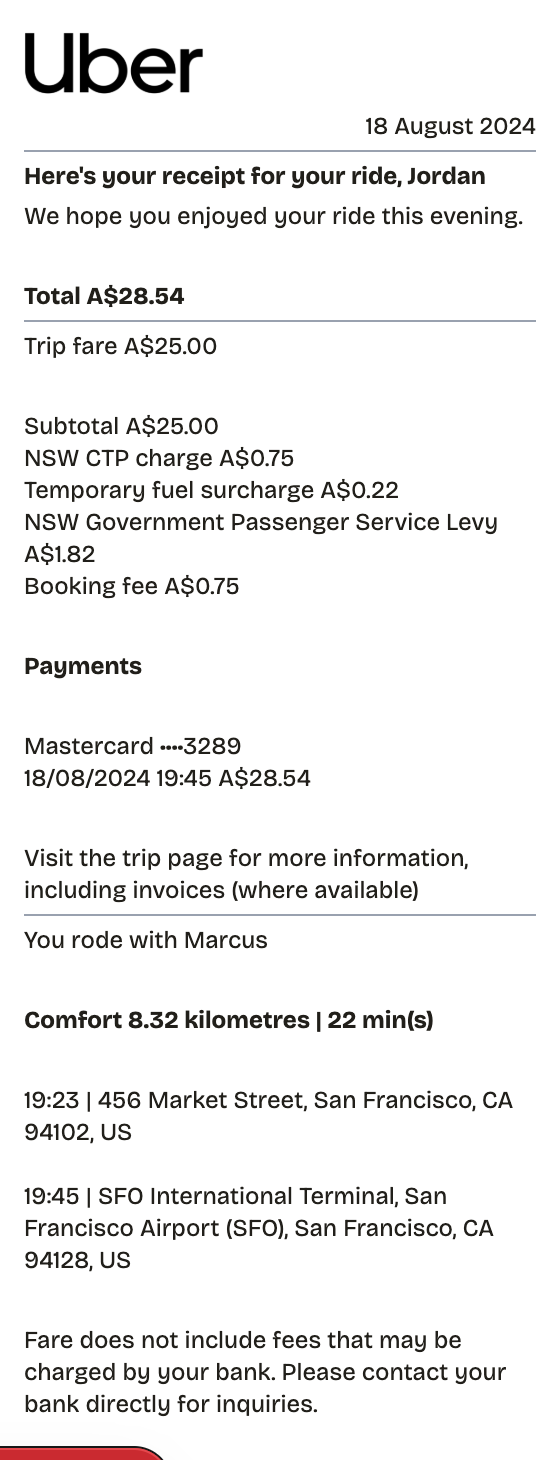 Editable uber receipt preview built with ReceiptPronto — line items, totals, and payment section