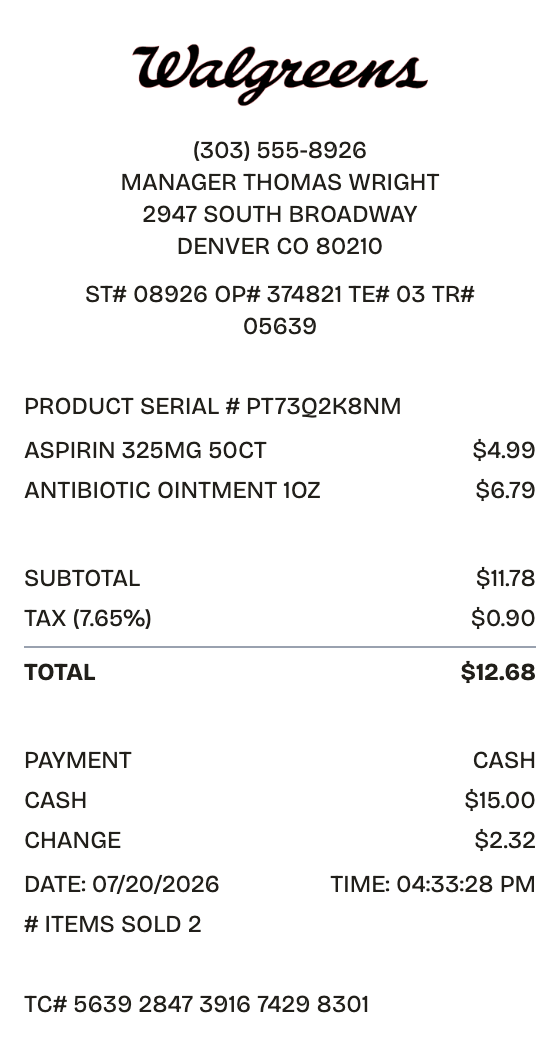 Editable walgreens receipt preview built with ReceiptPronto — line items, totals, and payment section