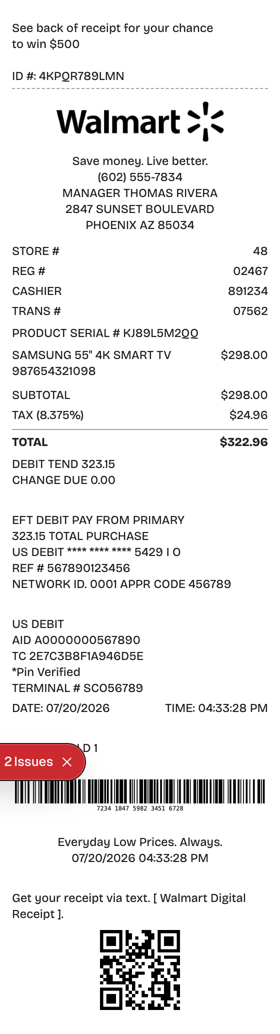 Editable walmart receipt preview built with ReceiptPronto — line items, totals, and payment section